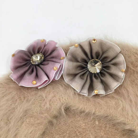 Women's Super Soft Beret Fuzzy Floral Ribbon Rhinestones Tan Pink Brown Feathers - Picture 5 of 9